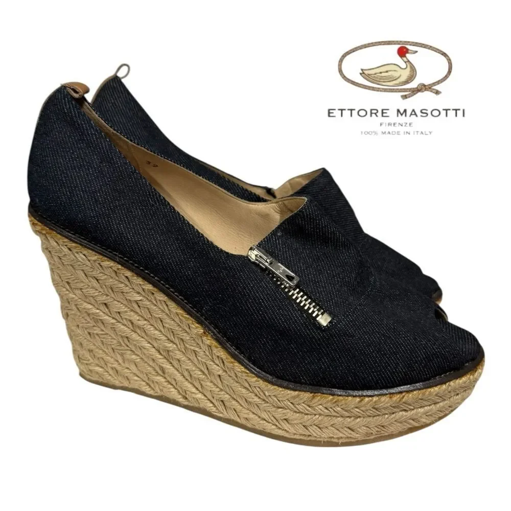 Ettore Masotti Vintage Women's Italian Blue Denim Espadrille Peep Toe Wedges 39